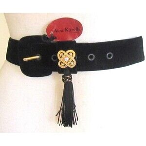 DESIGNER ANNE KLEIN BLACK VELVET TASSELED DETAIL 1. 1/2 " WIDE 38" LARGE BELT